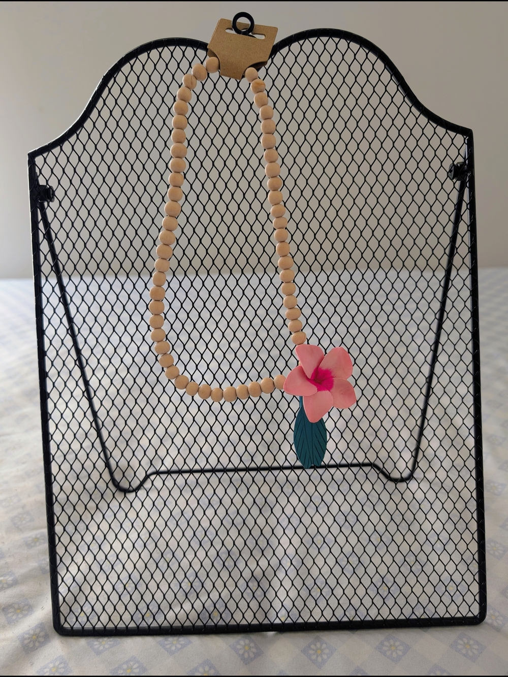 Wooden Necklace With Tropical Pink Flower